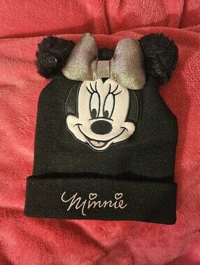 Disney Minnie Mouse Black Beanie with Sparkle Bow and Pom Poms